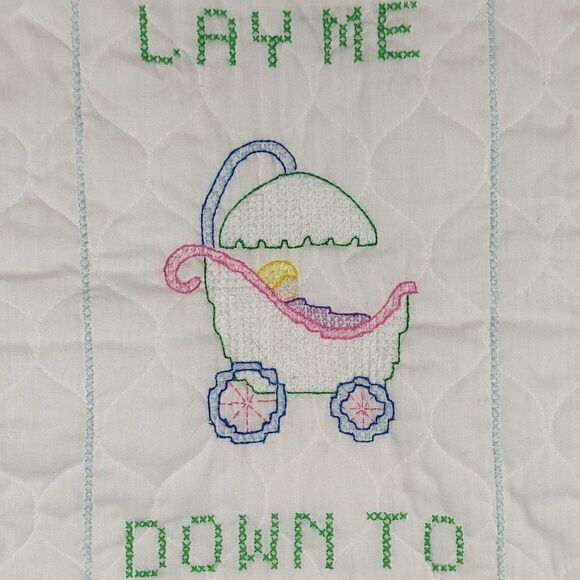 White Baby Quilt Cross Stitched Train Ducks Elephant Teddy Bear Carriage - Picture 2 of 8